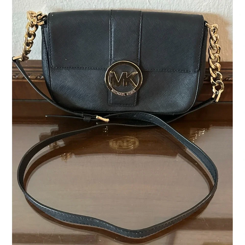 Michael Kors Black and Gold Small Leather‎ Crossbody Bag